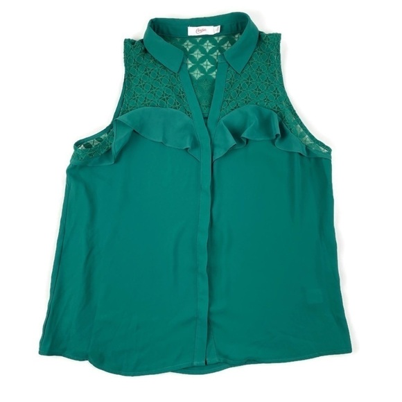 Candies Blouse Womens Large Green Lace Sleeveless Vneck Hidden Buttons - Picture 1 of 8